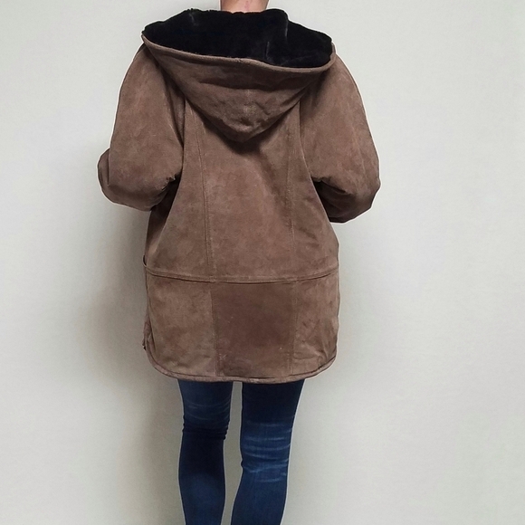 VINTAGE Hamilton Manor Reversible Suede Leather Sherpa Hooded Oversized Jacket - Picture 5 of 16
